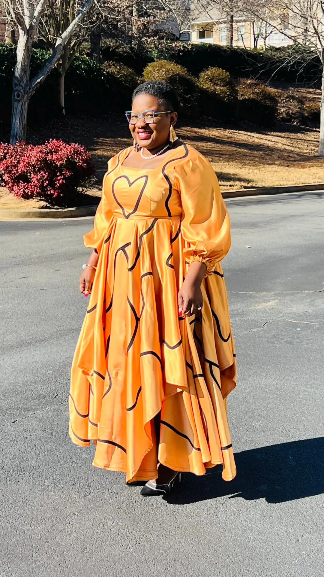 Hand-Crafted Circle Skirt Dress w/ gathered sleeves: Unique Designs, Satin fabrics, women's African style dress, Custom Made - DCF014